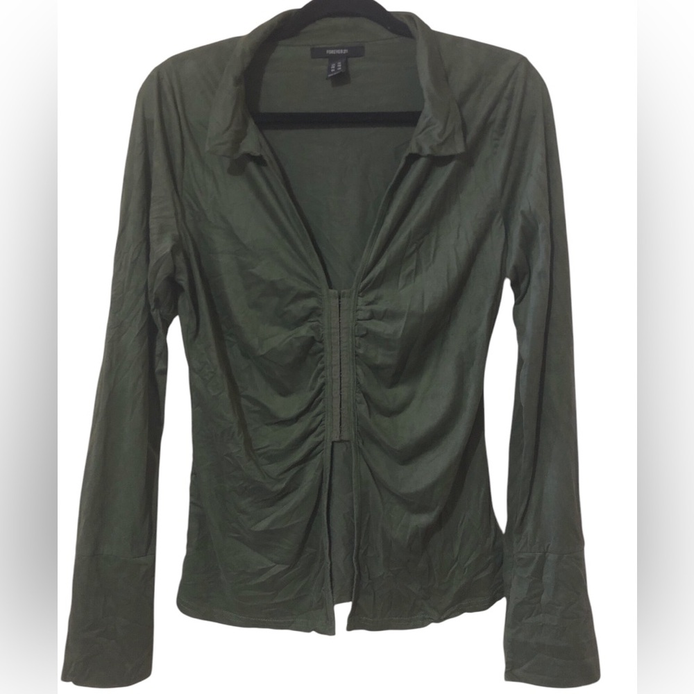Green Ruched Blouse with Notched Collar